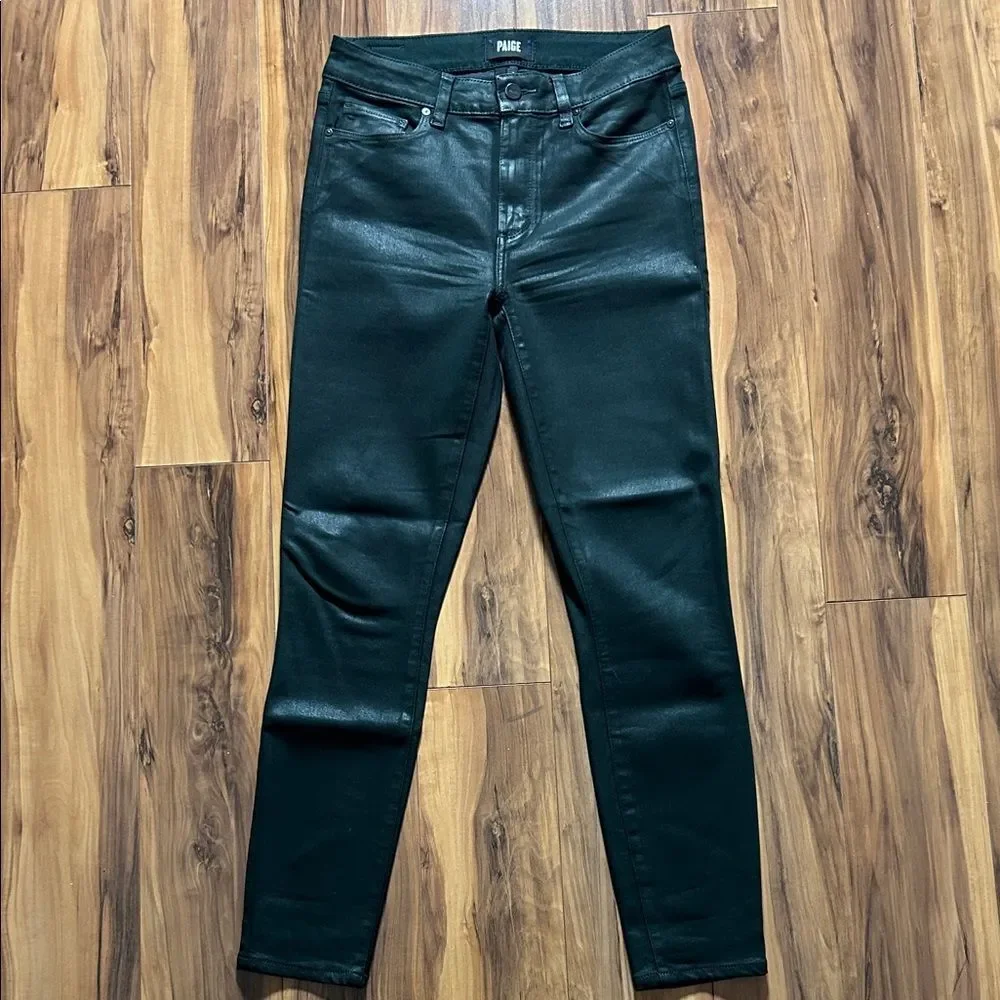PAIGE Faux Leather Dark Green Hoxton Ankle Jeans